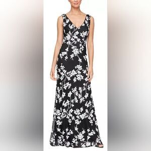 Alex Evenings Fkoral Sequined V-Neck Sleeveless Gown NWT Size 14 Black/white